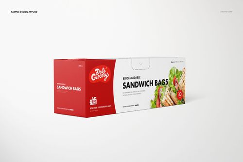 Biodegradable sandwich bags box mockup with red and white graphics, shown from a front side perspective on a plain background.