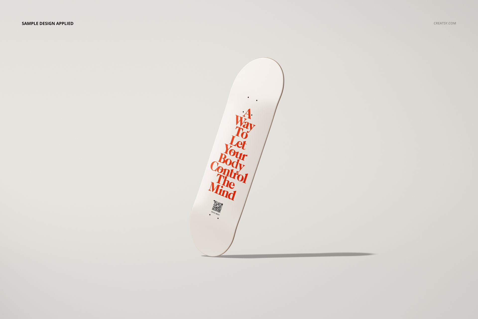 Minimalist mockup of a skateboard deck featuring large red typography on white, shown upright on a neutral backdrop.