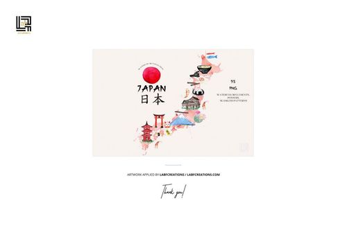 Front view of a Japanese Pastels poster print mockup featuring watercolor illustrations of Japanese landmarks on a white background.