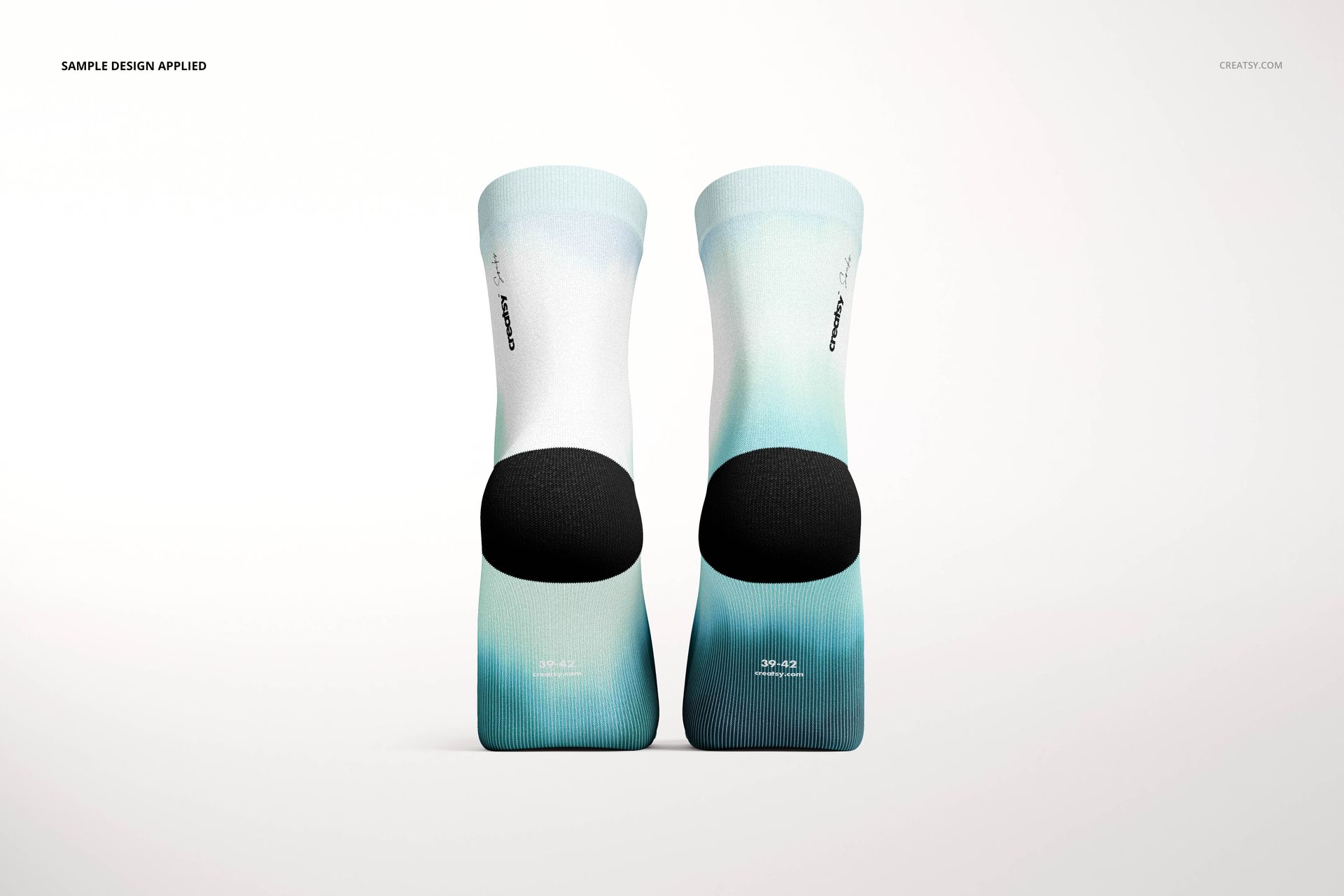 Front view of two short socks mockup with gradient blue and white design, black heel patches, on a white background.