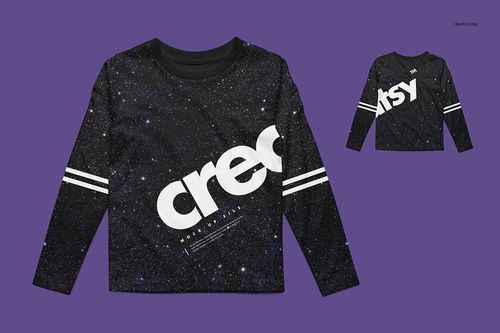 Kids long sleeve shirt mockup with black galaxy pattern, white stripes on sleeves, and bold white text, front and back view.