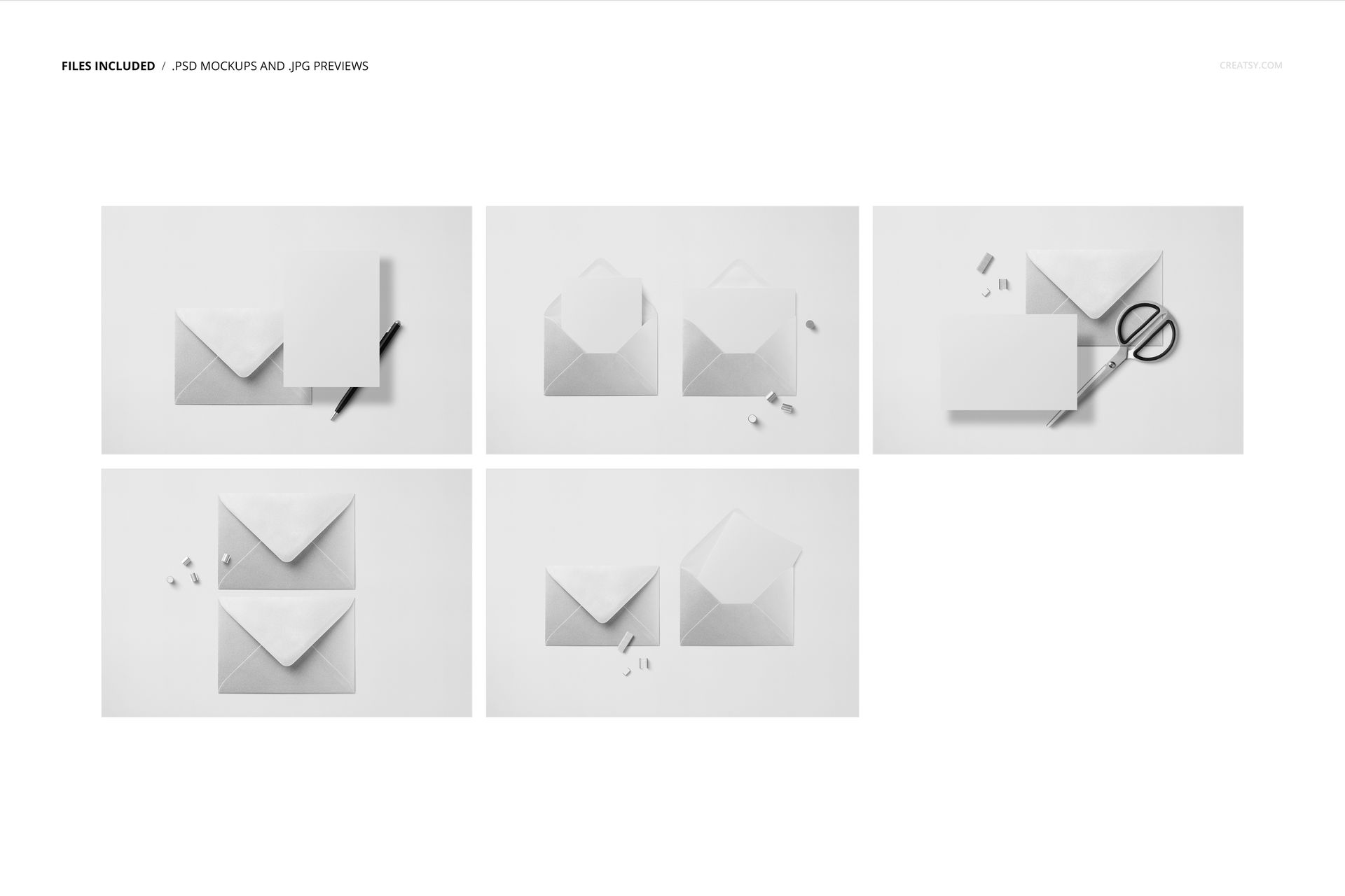 Five arrangements of C6 metallic envelopes and cards in a PSD mockup, viewed from above with pens and scissors.