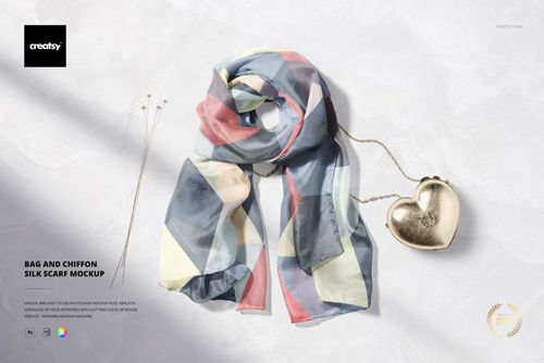 Chiffon silk scarf mockup with abstract pastel geometric pattern, displayed next to a metallic heart-shaped bag on a light surface.