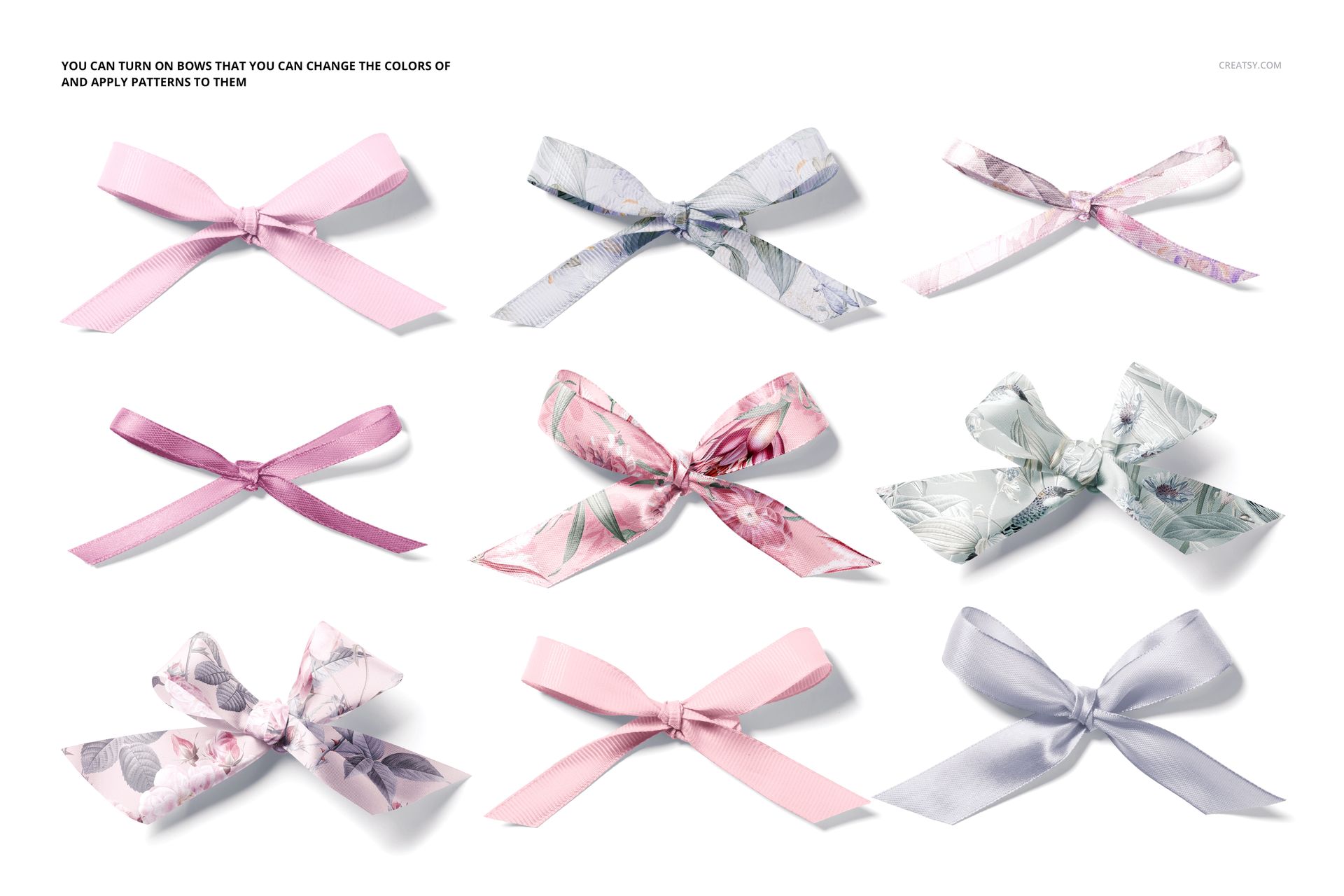 PSD mockup showing nine assorted ribbon bows with various pastel shades and floral designs, viewed from above.