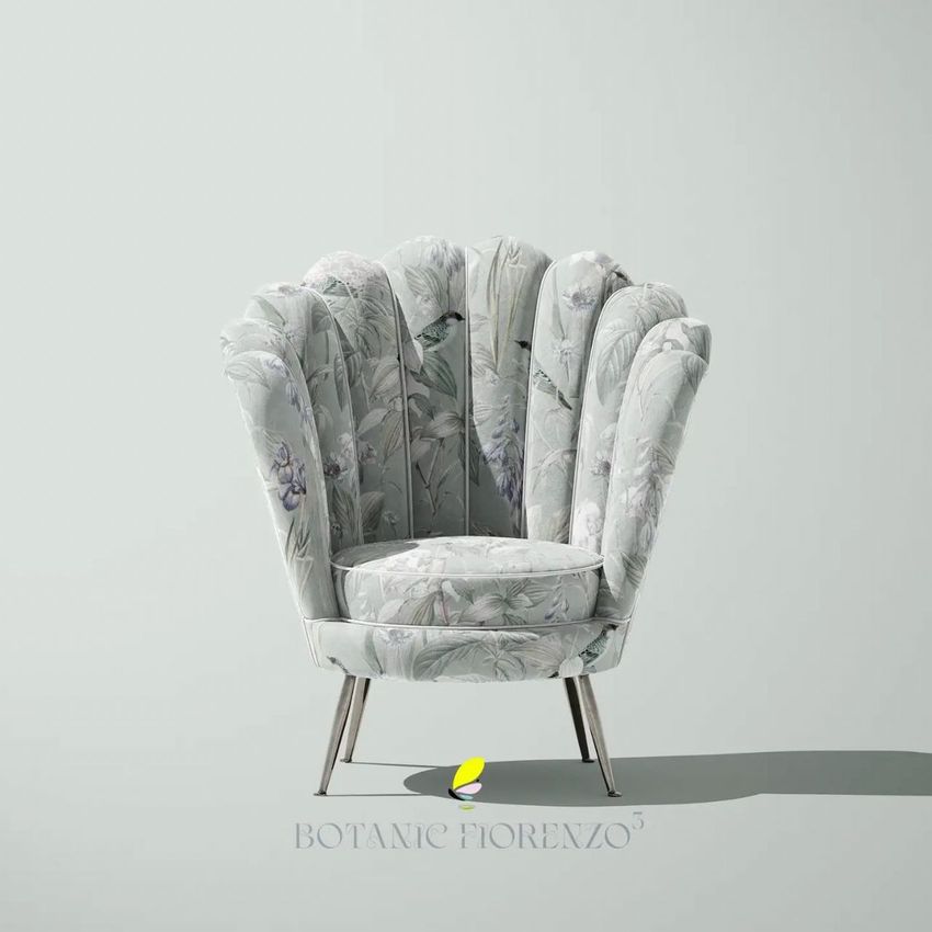 Velvet shell armchair mockup featuring a floral pattern, displayed against a plain light background with subtle shadow.