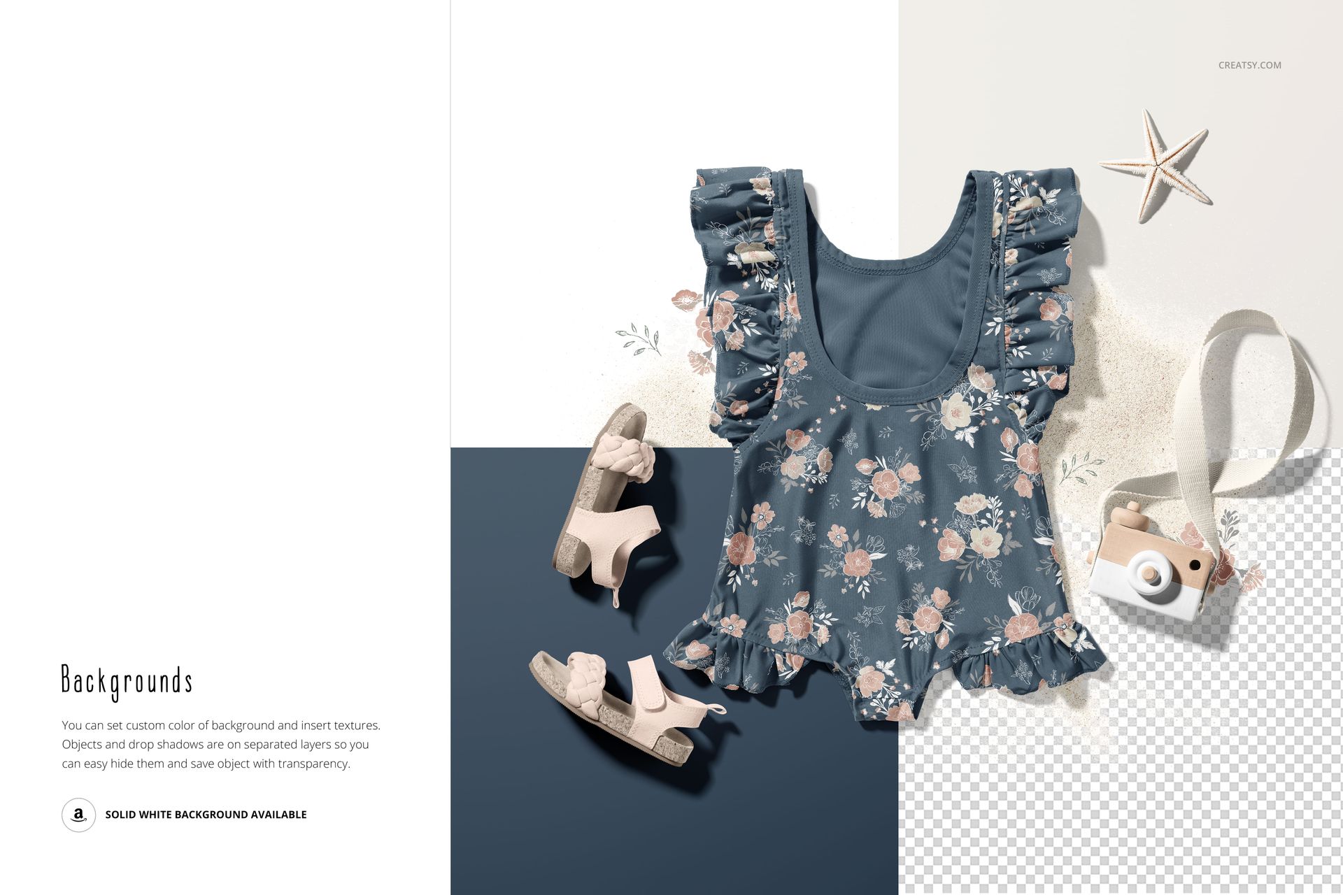 Front view of a baby ruffle swimsuit mockup with a floral pattern, surrounded by sandals, a toy camera, and a starfish.