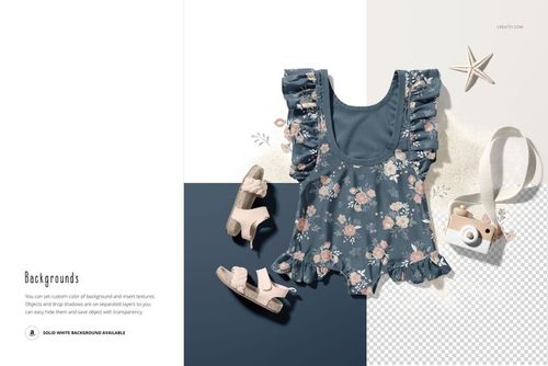 Front view of a baby ruffle swimsuit mockup with a floral pattern, surrounded by sandals, a toy camera, and a starfish.