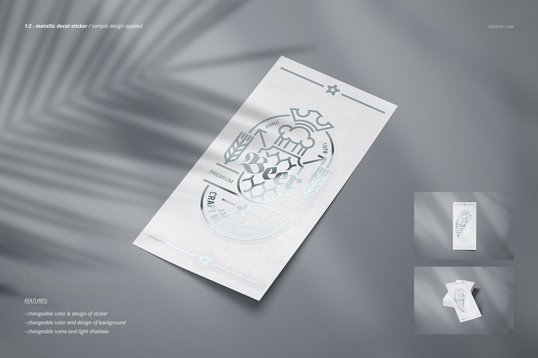 Decals stickers mockup set featuring a rectangular sticker with metallic details on a soft gray background.