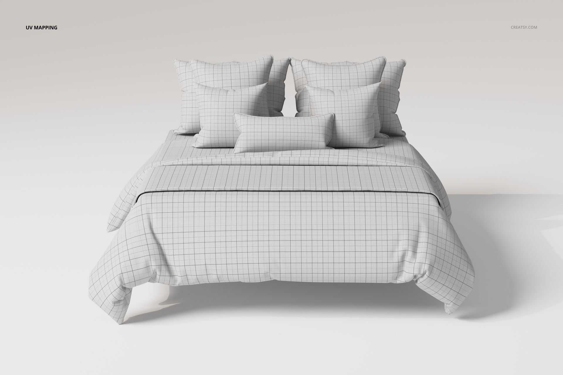 Front view of a bedding set with piped pillows and duvet, featuring a gray grid pattern on a white background.