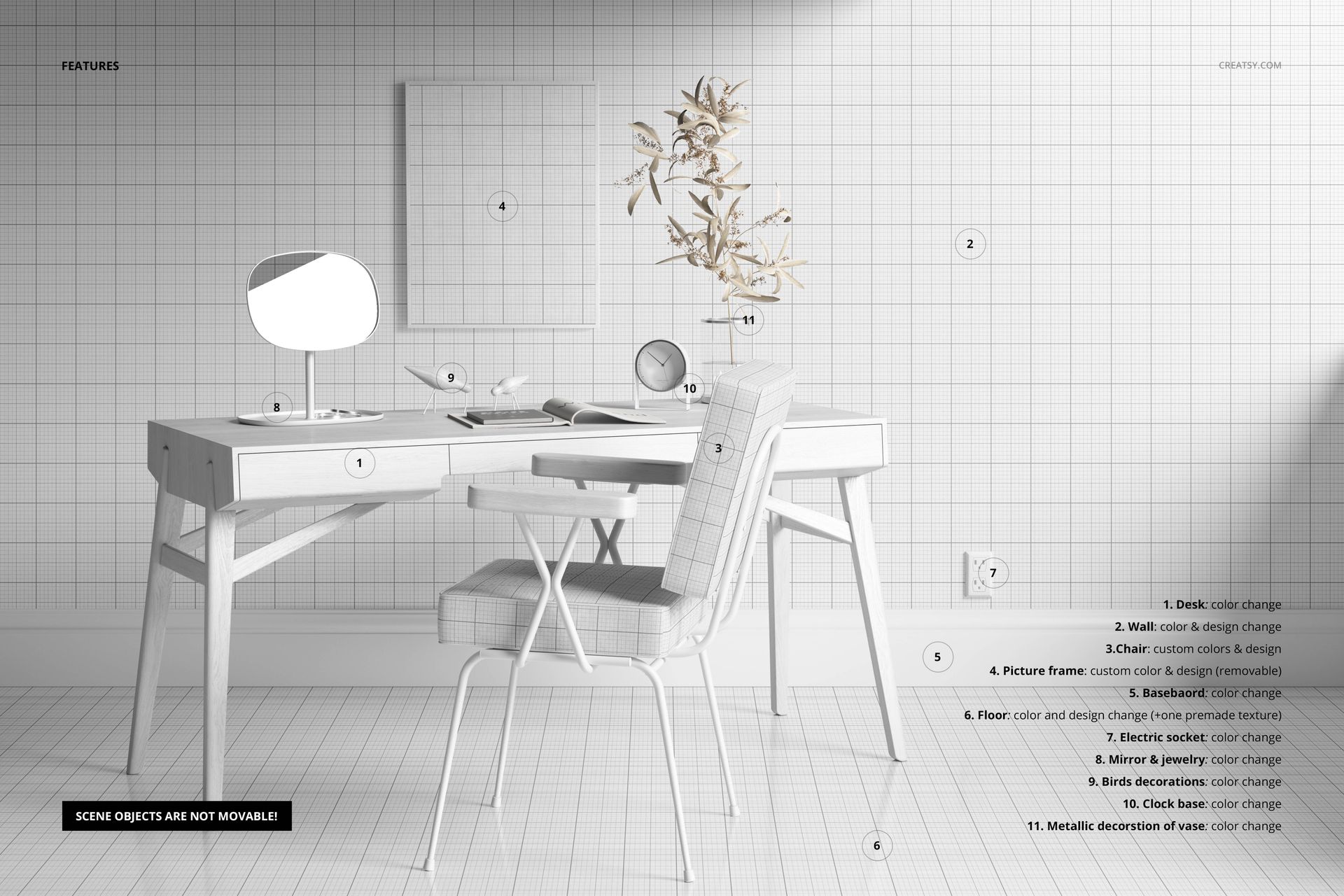 PSD mockup showing a home office setup with a sleek desk, chair, decorative plant, and geometric grid background.