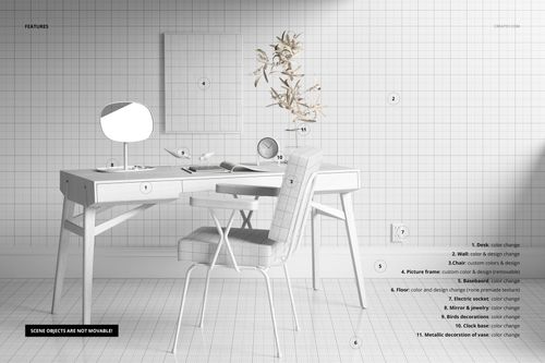 PSD mockup showing a home office setup with a sleek desk, chair, decorative plant, and geometric grid background.