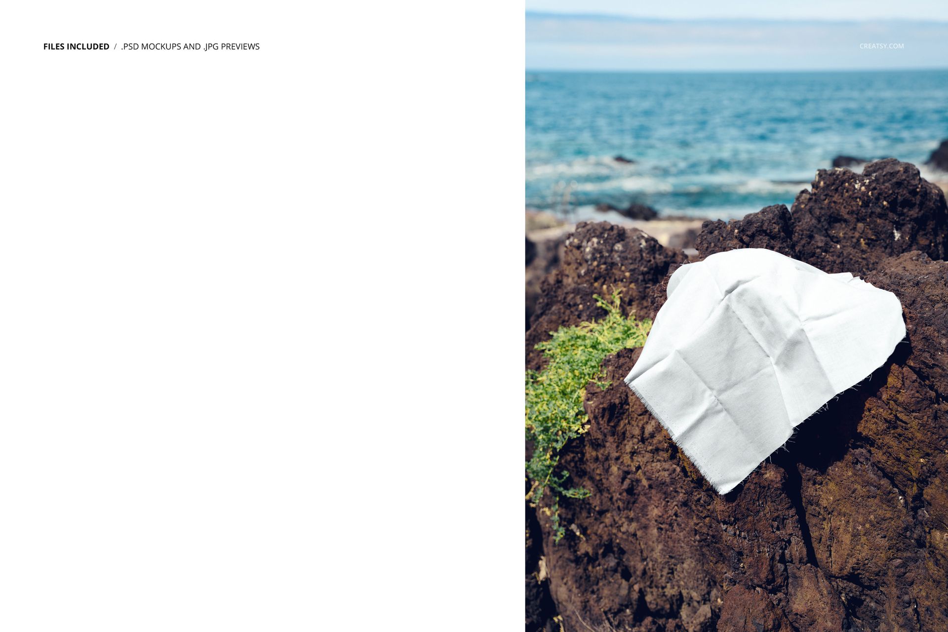 PSD mockup showing a plain white fabric swatch displayed on textured rocks near the coastline under a clear sky.