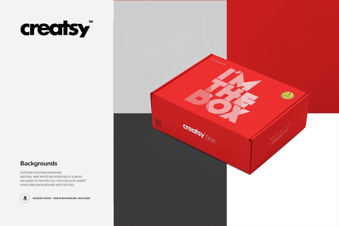 Red packaging box mockup displayed on a segmented background with white, gray, and black sections, angled top view.