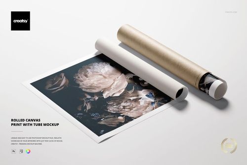 PSD mockup of a canvas print with elegant floral illustration, partially rolled out next to a kraft paper tube.