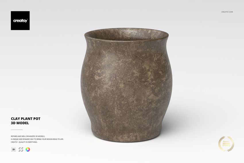 Clay plant pot with a rounded shape and textured brown surface, shown from a front angle on a light background.