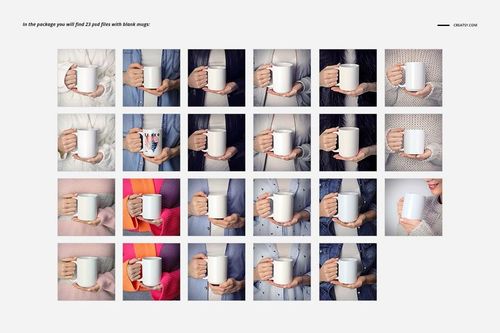 Grid of hands holding plain white mugs in various outfits and backgrounds, showcasing mug mockup perspectives.