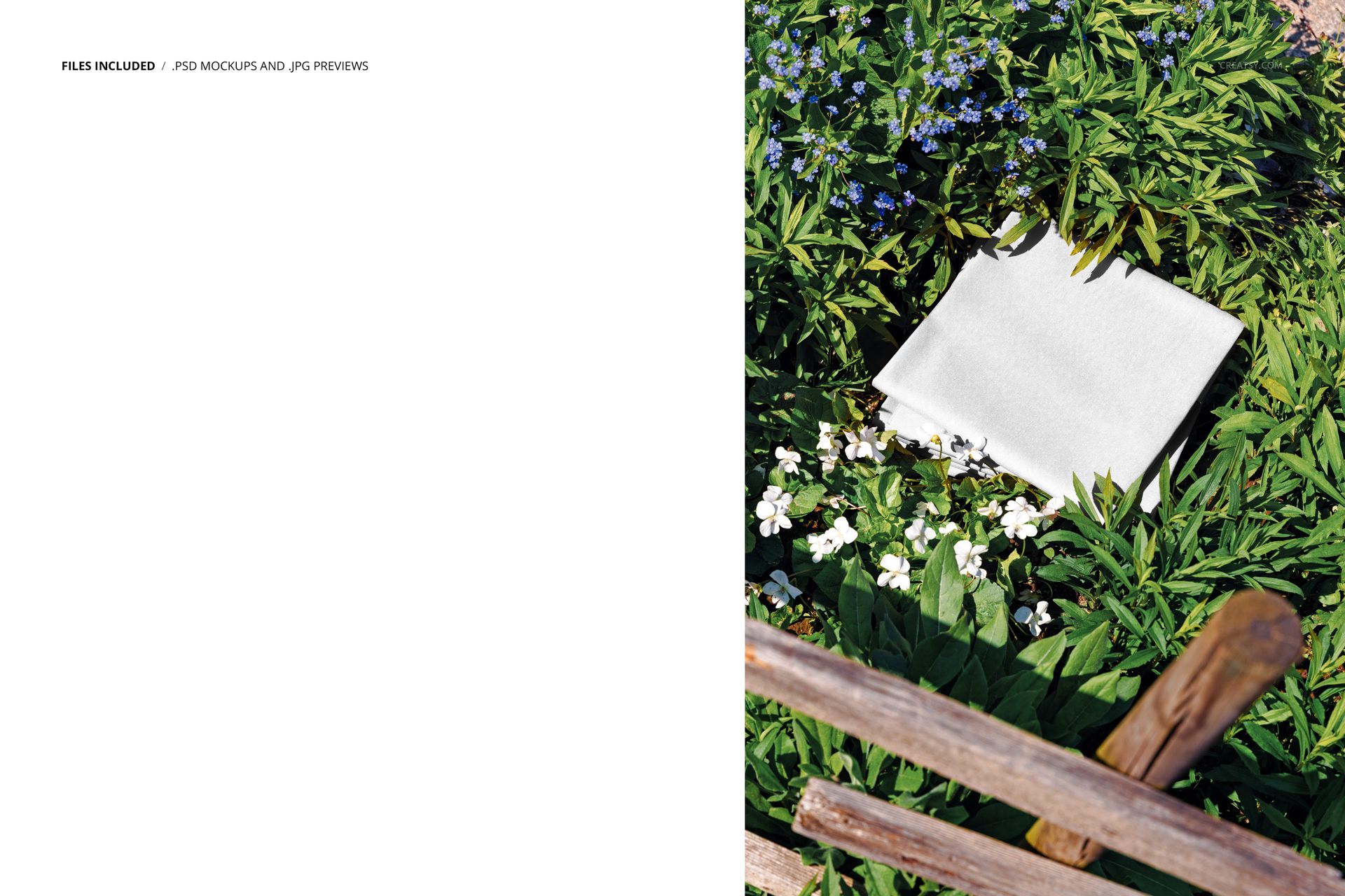 Fabric square mockup placed on a leafy garden floor surrounded by green foliage and blue flowers, top view.