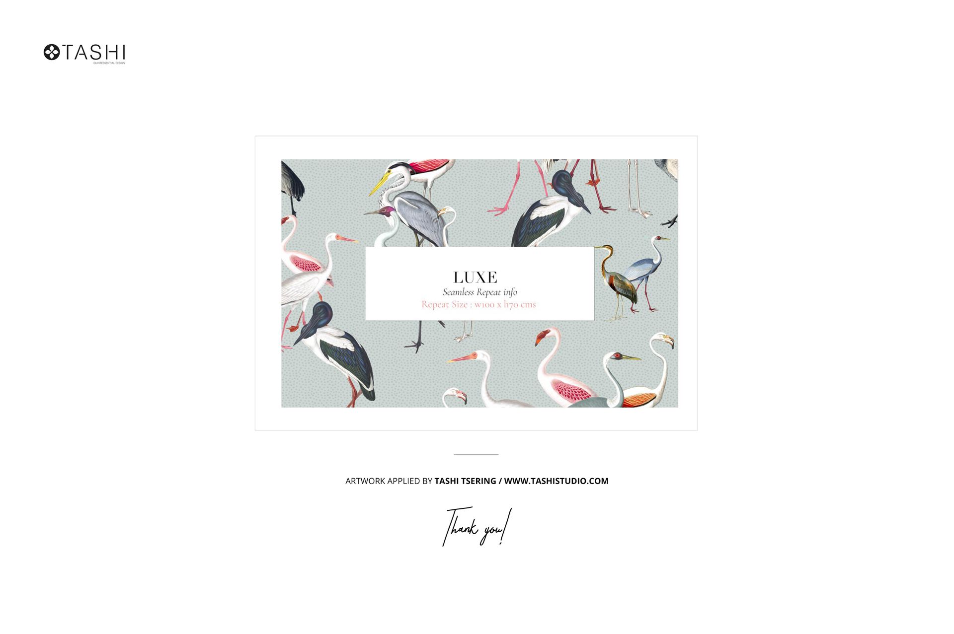 Front view of satin fabric stack mockup with various birds illustrated on a pale gray surface.