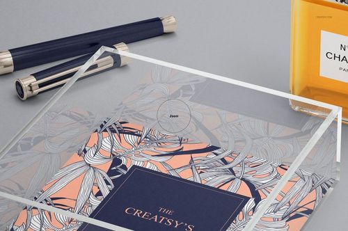 Rectangular lucite tray mockup featuring a transparent frame and colorful abstract design, viewed from above.