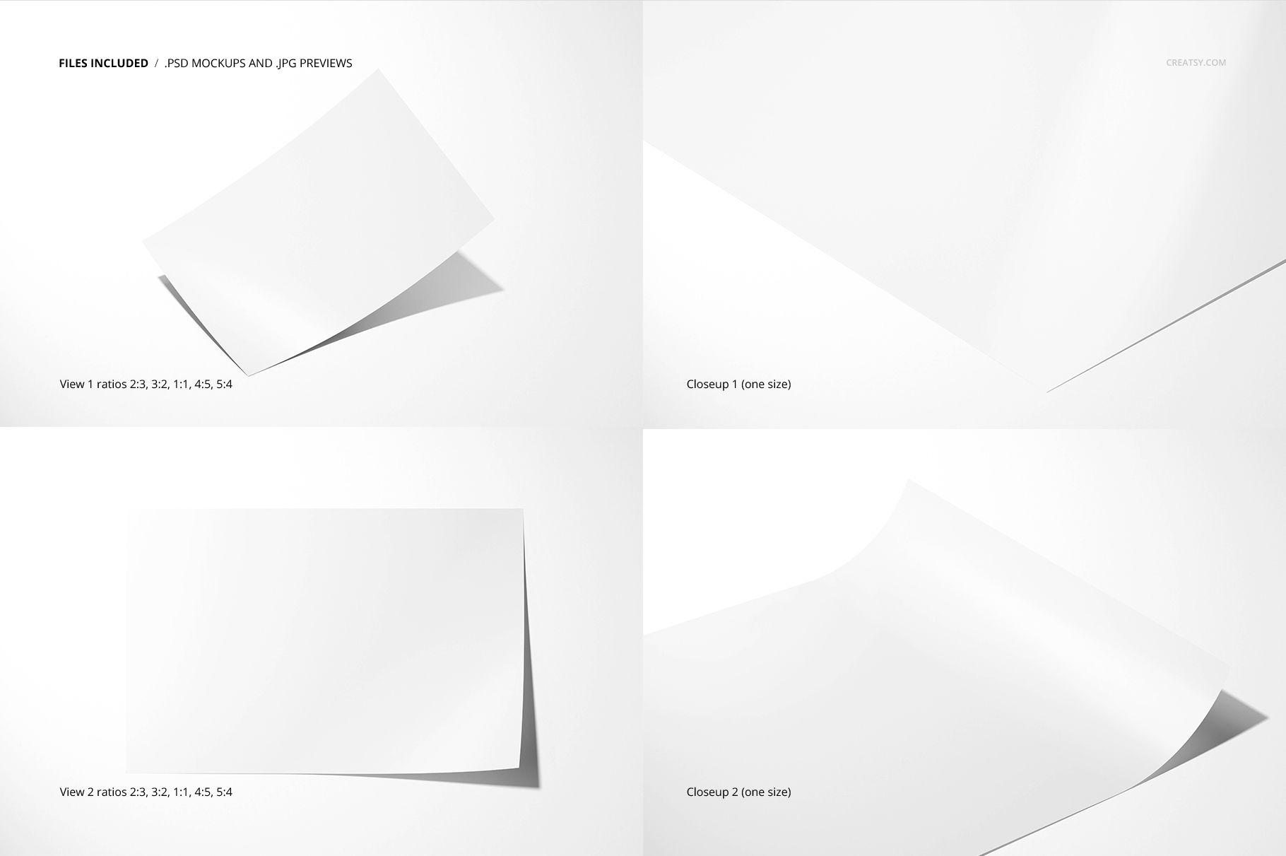 PSD mockup showing glossy and matte photo prints with smooth edges, featuring both flat and slightly curled sheets.