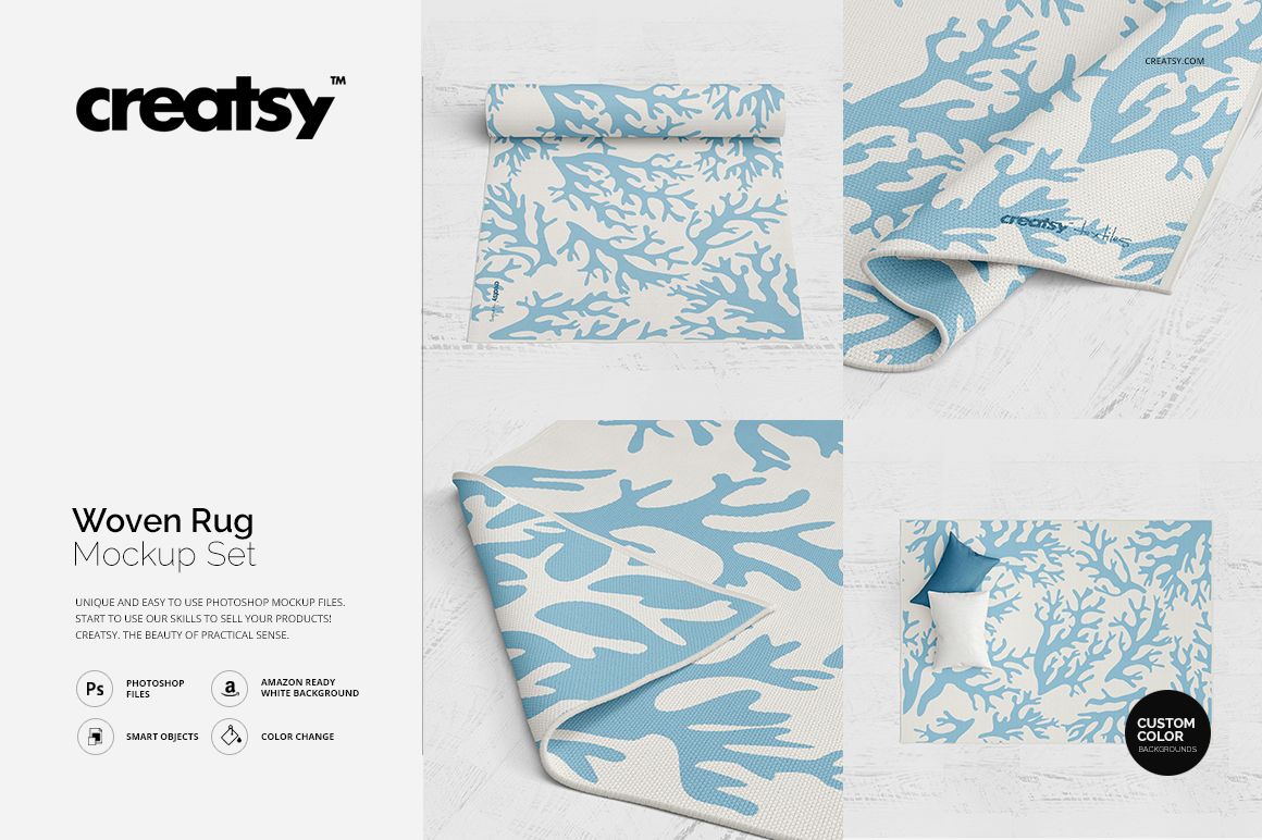 Blue and white woven rug mockup shown in close-up and top views, featuring a coral-inspired design on a plain background.