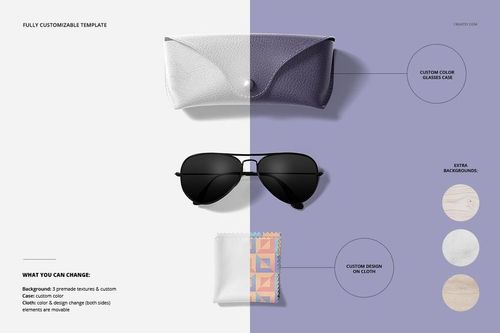 Microfiber glasses cleaning cloth mockup set featuring a custom cloth, sunglasses, and two glasses cases on split background.