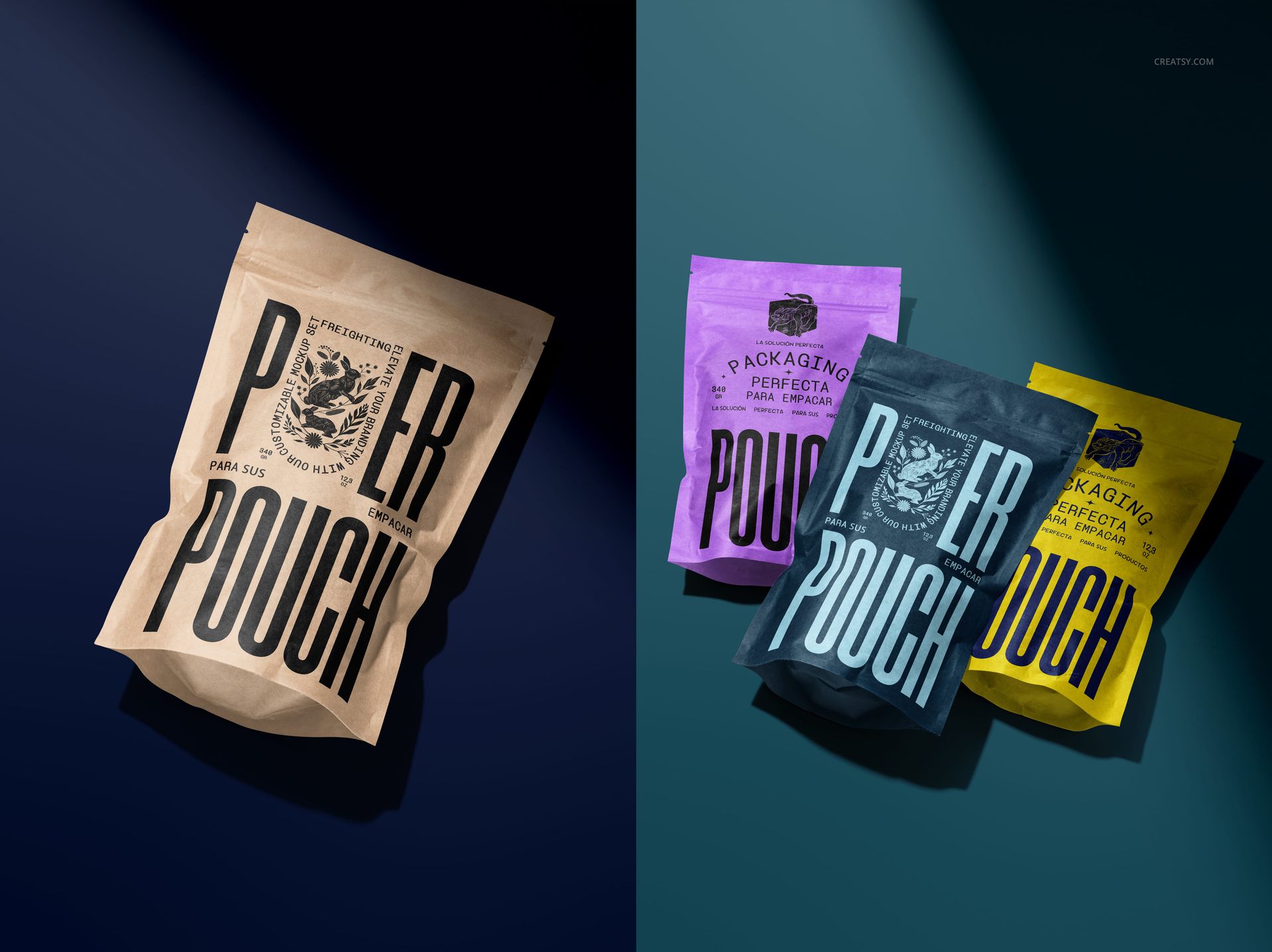 Set of stand up paper pouch mockups in beige, black, blue, and yellow, shown from above on split backgrounds.