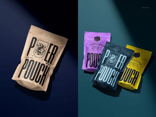 Set of stand up paper pouch mockups in beige, black, blue, and yellow, shown from above on split backgrounds.