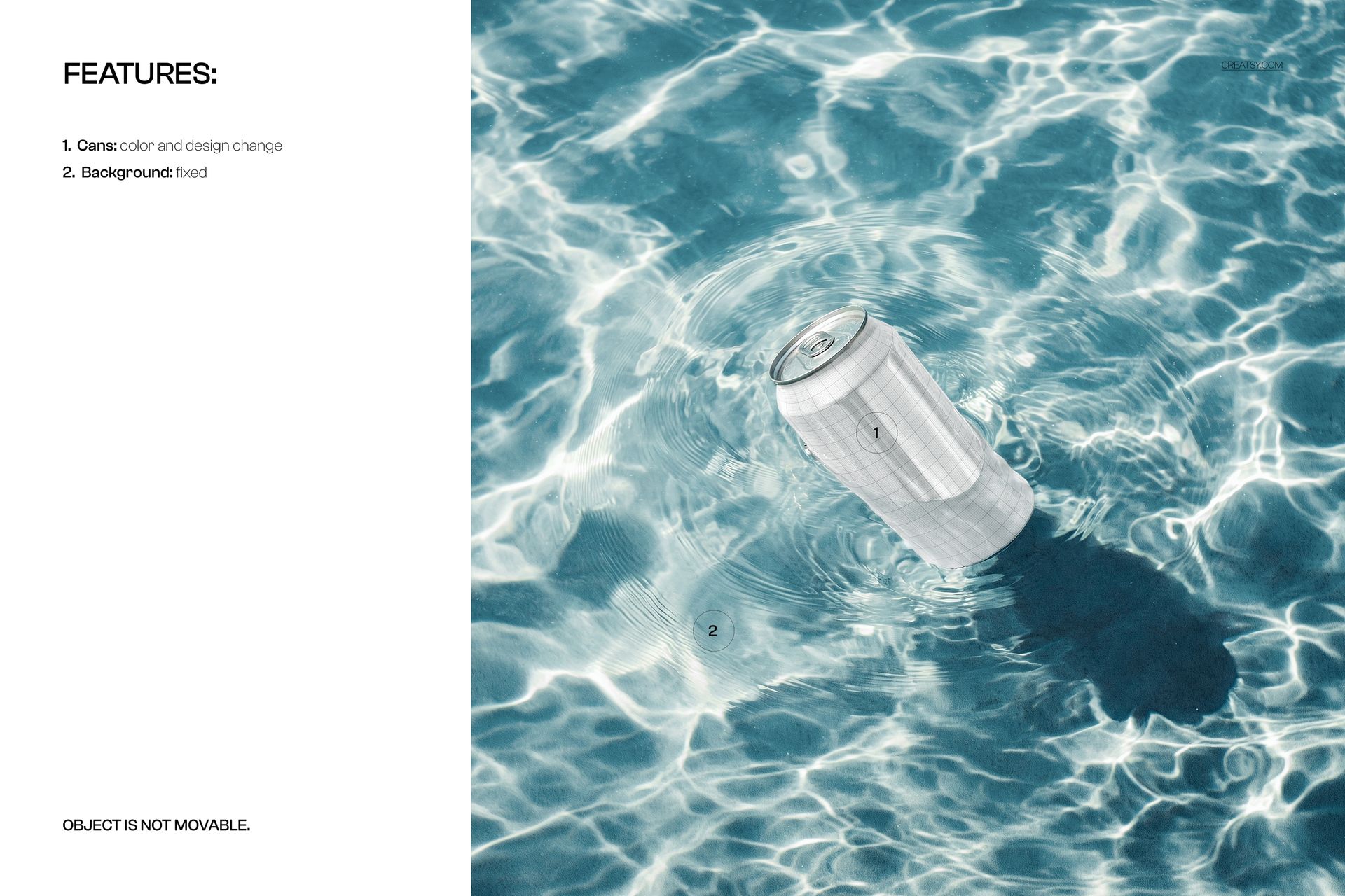 Floating beverage can mockup in shallow clear water, top view with rippling light reflections and blue tones.