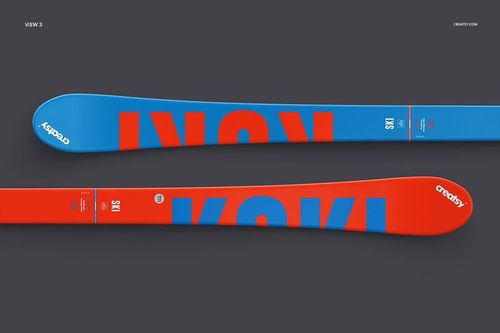 Ski mockup with two skis in a top-down perspective, showcasing a modern red and blue design and visible text elements.