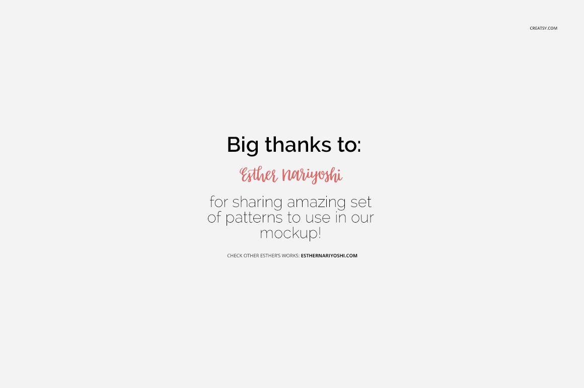 Centered text on a white background thanking Esther Nariyoshi for sharing patterns used in the tin canister mockup set.