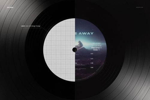 Close-up view of a vintage vinyl record mockup, showing half with a grid label and half with a colorful design label.
