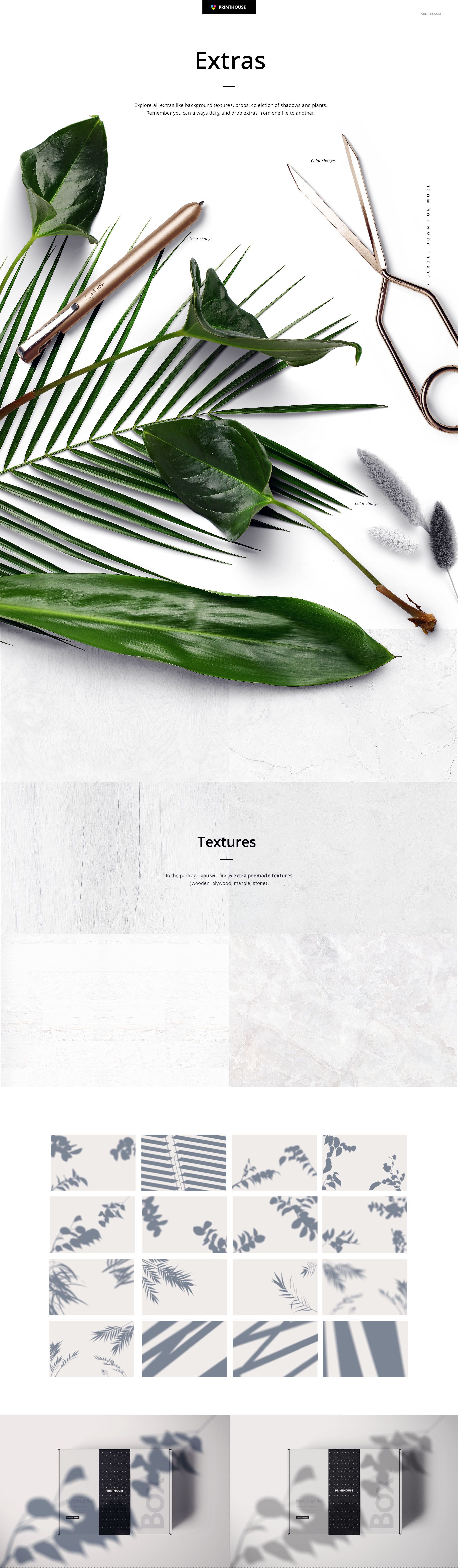 Mailing box mockup scene with green tropical leaves, scissors, and feathers arranged on a white surface.
