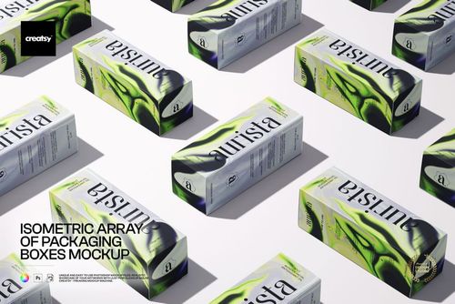 PSD mockup showing a grid of rectangular boxes with bold green and black artwork, viewed from an angled top perspective.