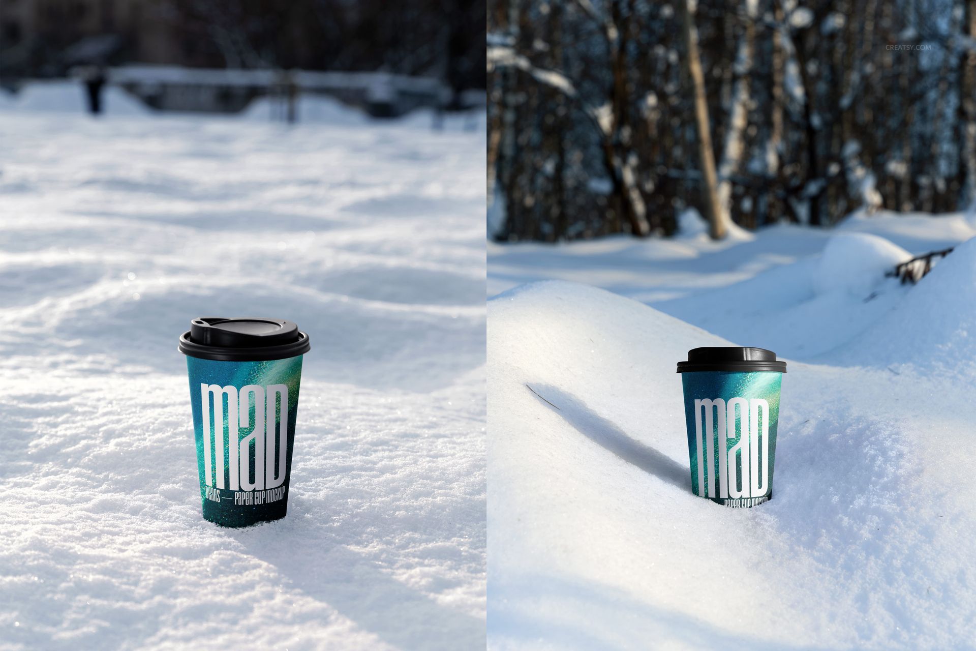 Winter-themed paper cup mockup with bold white lettering, black lid, and blue color, shown on snowy ground in sunlight.