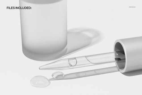 PSD mockup featuring a glass pipette dispensing clear serum drops, positioned beside a matte cosmetic container.