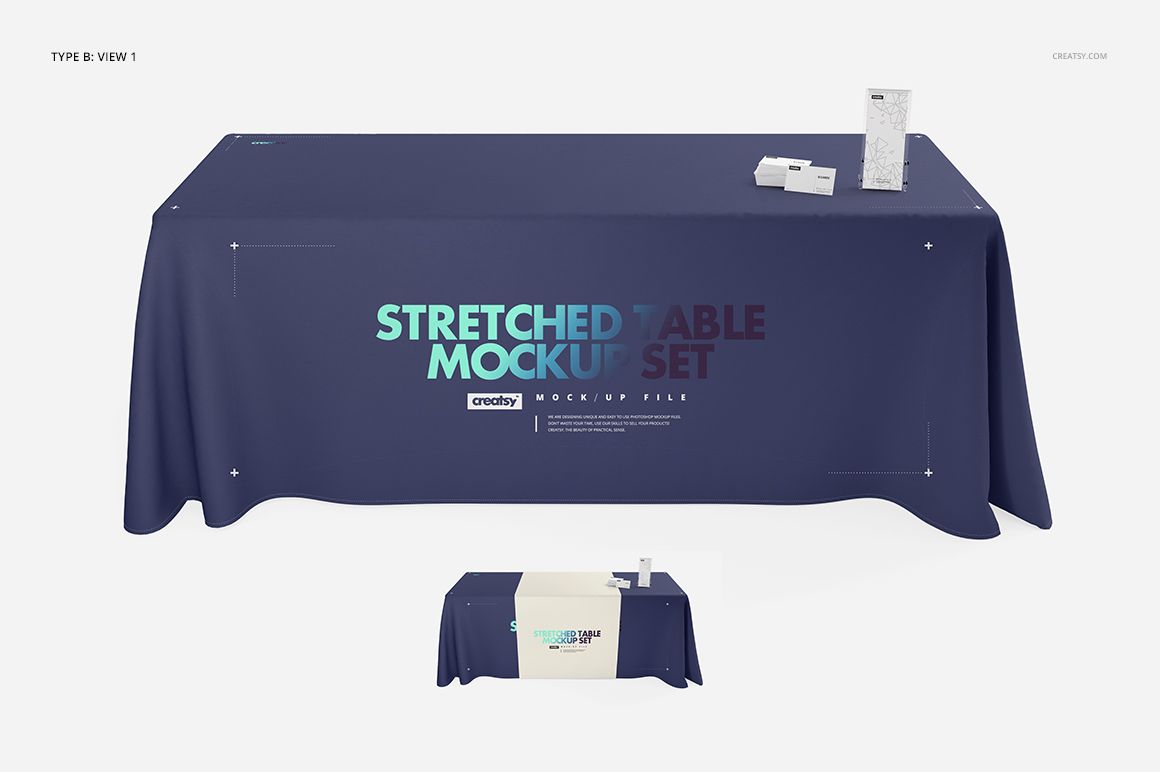 PSD mockup of a table with a solid blue cloth and runner, set against a white background with small props on top.