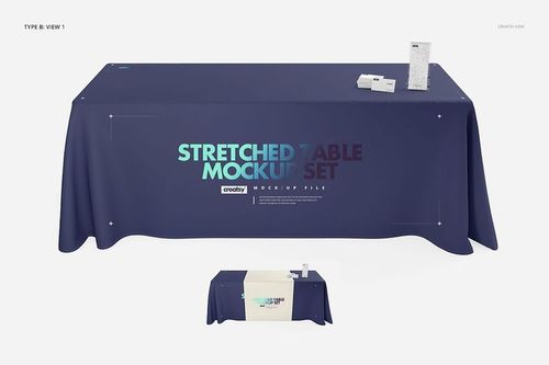 PSD mockup of a table with a solid blue cloth and runner, set against a white background with small props on top.