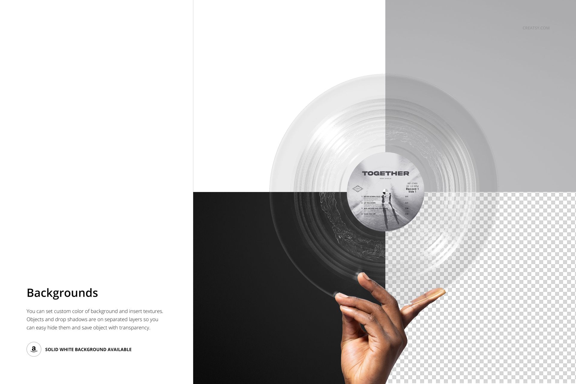 Front view of a clear vinyl record mockup held by fingers, displayed over contrasting background quadrants.