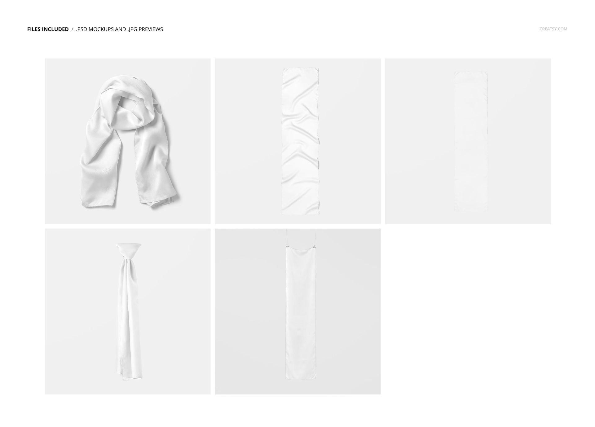 Five views of a long rectangular silk scarf mockup in white, shown flat, draped, and folded on a plain background.