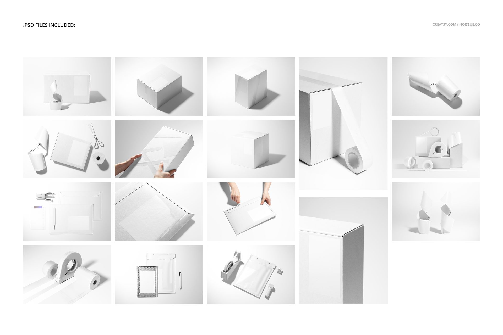 Set of white shipping labels and packaging mockups displayed on a clean surface, featuring boxes, envelopes, and rolls.