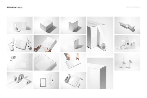 Set of white shipping labels and packaging mockups displayed on a clean surface, featuring boxes, envelopes, and rolls.