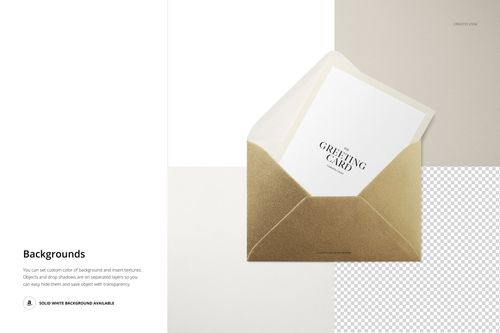 C6 metallic envelope and card mockup shown from a top view, featuring a gold envelope and white card on layered backgrounds.