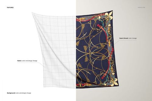 Square chiffon silk scarf mockup showing half with grid overlay and half with navy blue, gold, and red decorative pattern.