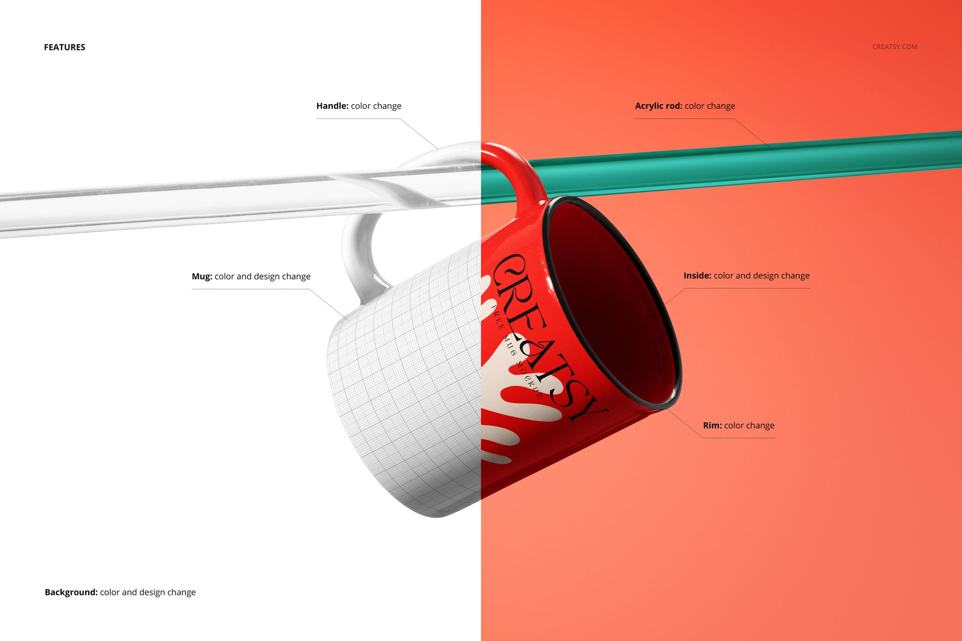 Modern mug mockup shown in a split scene with a red and white mug, acrylic rod handle, and customizable background.