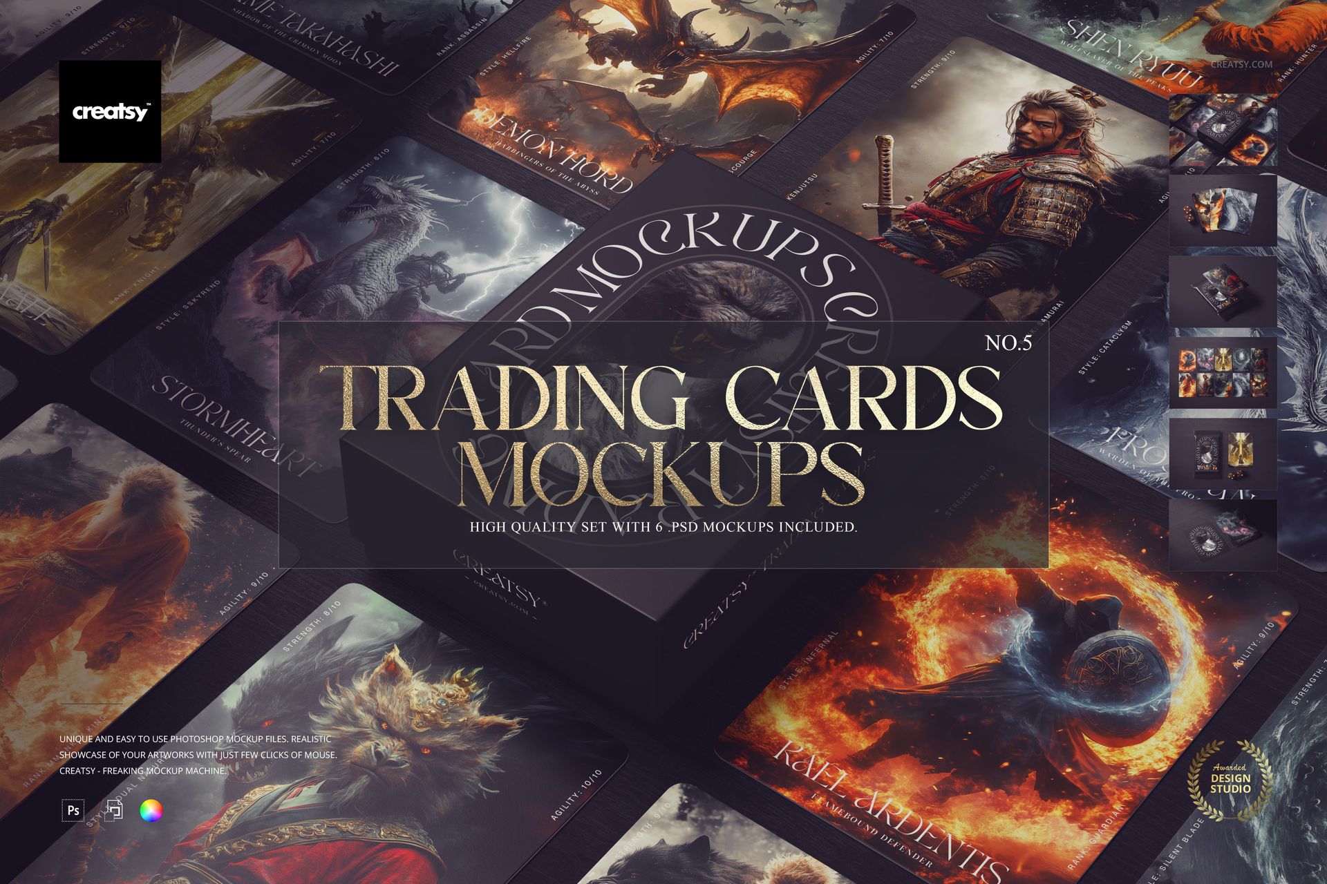Assorted trading cards mockup set displayed from above, showcasing detailed artwork and dark, moody backgrounds.