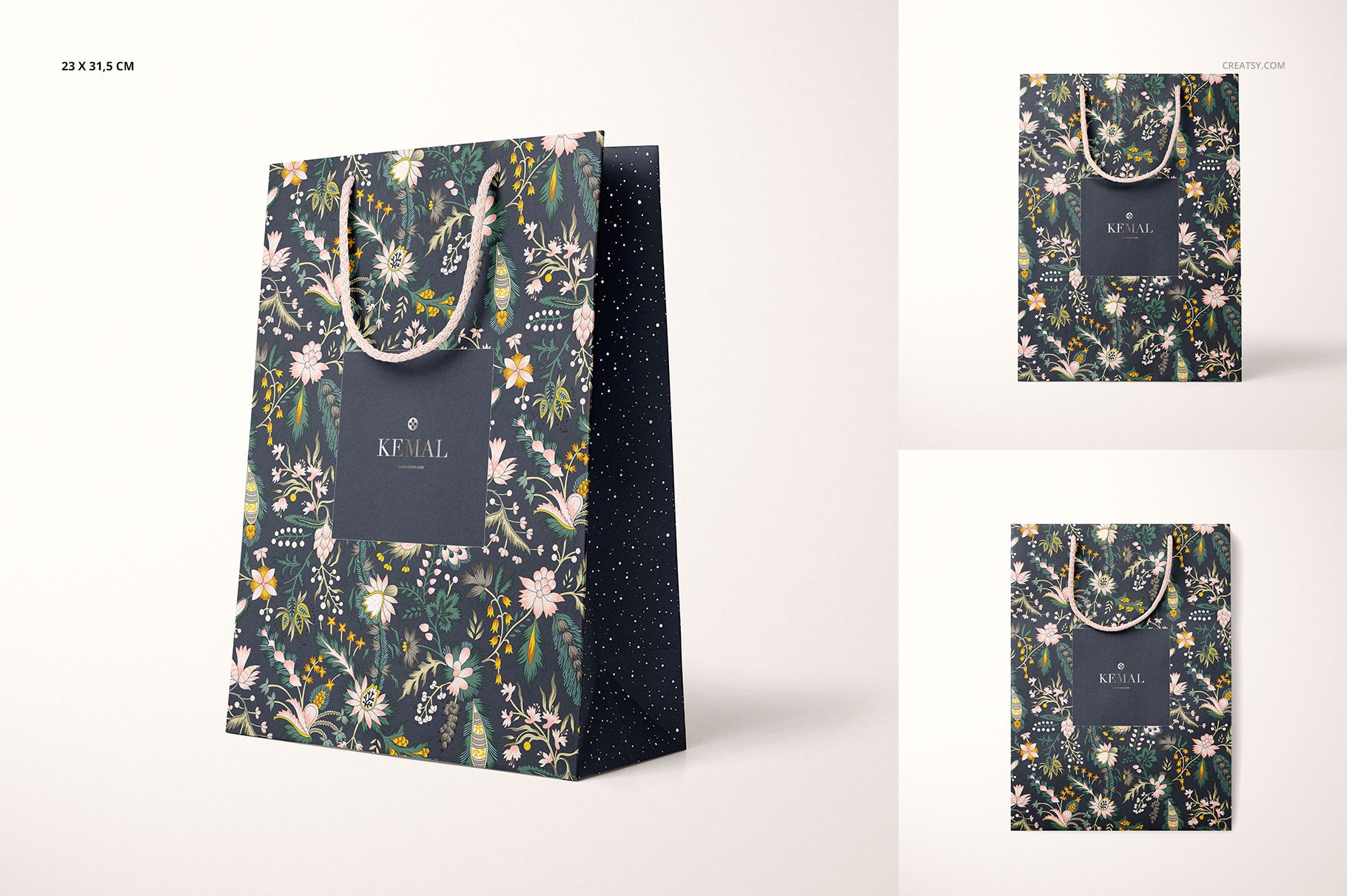 PSD mockup set showing a paper bag with colorful flower patterns, dark sides, and rope handles in a minimalist scene.