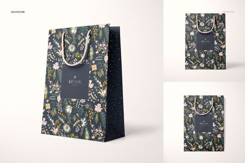 PSD mockup set showing a paper bag with colorful flower patterns, dark sides, and rope handles in a minimalist scene.