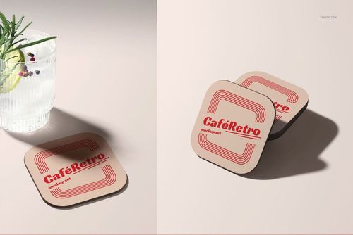 Contrado coaster PSD mockup showing stacked and single coasters in a minimalist setting with soft shadows.