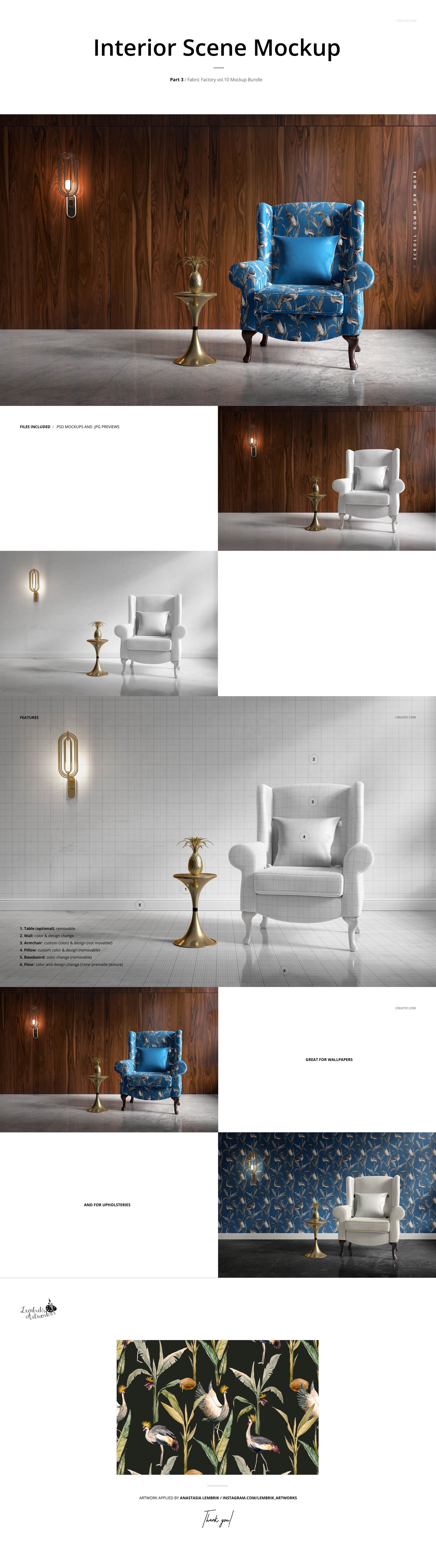 Armchair mockup with ornate pattern, shown in a home interior scene with wood panel wall and brass side table.
